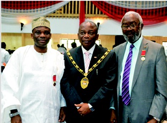 L-R: Pharm. NAE Mohammed, registrar, Pharmacists Council of Nigeria (PCN) and Fellow, NIM; Pharm. (Dr) UNO Uwaga, president and chairman of council, Nigerian Institute of Management (NIM) and Pharm. (Sir) Ifeanyi Atueyi, managing director, Pharmanews Ltd and Fellow, NIM during the Awards, Fellows & Spouses’ Day Luncheon, organised by NIM and held at Muson Centre, Lagos, recently.